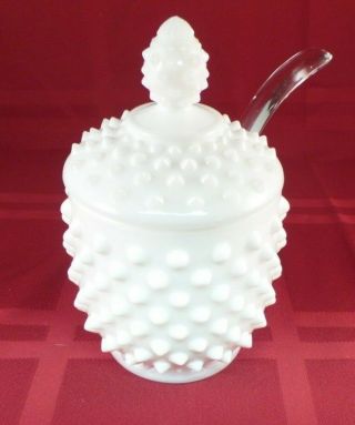 Vintage Fenton White Milk Glass Hobnail Jam Jelly Dish With Spoon And Lid