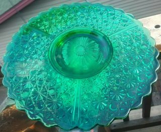 Vintage Fenton Daisy Button 12 " Green Glass Serving Platter Cake Plate Stand