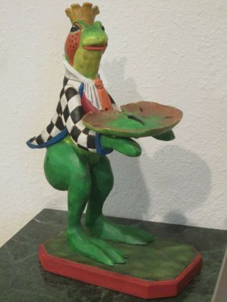 Vintage Hand Carved Wooden Folk Art Frog W/crown Holding Lily Pad 13 " Tall