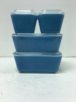 4 Vintage Pyrex Glass Blue Refrigerator Dishes 501 & 502 With Clear Lids