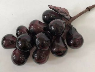 Vintage Glass Grape Cluster w Leaves Burgundy Hand Blown - 7.  5 