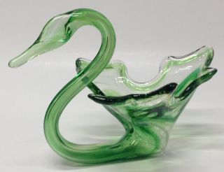 Gorgeous Vintage 6 " Green Blown Art Glass,  Swan Candy Dish,  Bowl,  (murano?) Vgc