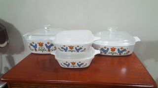 Vintage Corning Ware 4 Dishes With Lids Country Festival Friendship Blue Birds