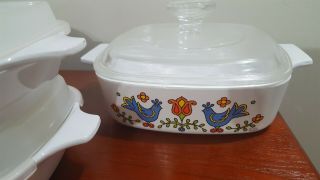 Vintage Corning Ware 4 Dishes With Lids Country Festival Friendship Blue Birds 2