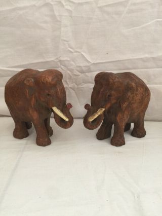 Hand Carved Wooden Elephant Figure Sculpture Vintage Set Of Two