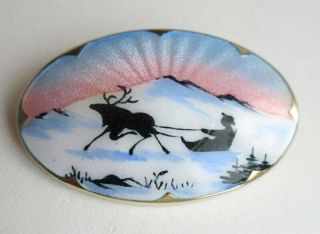 Norway Ivar T.  Holth Vintage Reindeer Sled Silhouette Enamel 925s Brooch Pin
