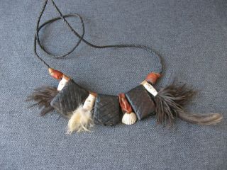 Vintage African Tuareg Leather,  Shell And Feathers Amulet Necklace 4