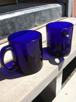 Vintage Cobalt Blue Heavy Glass Mug Set 10 Oz.  Coffee Tea Cups Mugs Made In Usa