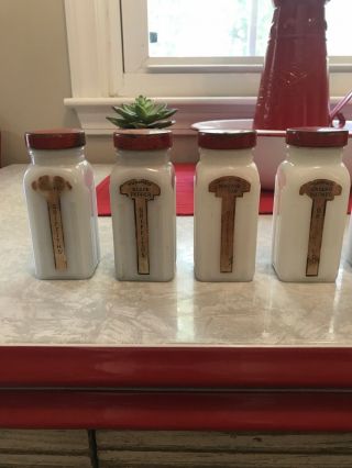 Set Of 9 Vintage Art Deco Griffith’s Milk Glass Spice Jars With Red Metal Lids