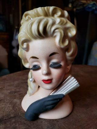 Vintage Inarco E - 1062 Lady Head Vase / Planter Blonde With Fan