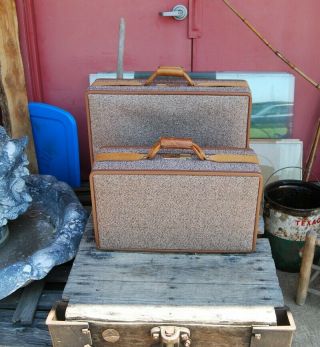 Vintage 2 Piece Set Of Hartmann Luggage Tan Brown Leather & Tweed Suitcases