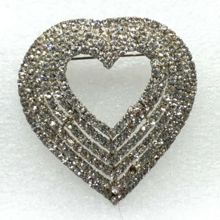 Vintage Layered Heart Brooch Pin Clear Glass Rhinestone Costume Jewelry