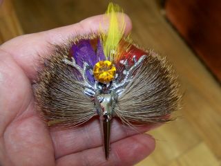 Vintage Scottish Real Red Deer Fur Grouse Feather Plume Stag Hunting Brooch Pin