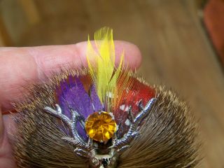 VINTAGE SCOTTISH REAL RED DEER FUR GROUSE FEATHER PLUME STAG HUNTING BROOCH PIN 2