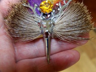 VINTAGE SCOTTISH REAL RED DEER FUR GROUSE FEATHER PLUME STAG HUNTING BROOCH PIN 3
