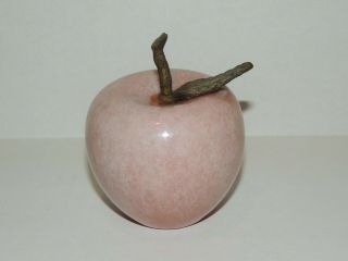 Vintage Pink Marble Apple Paperweight Brass Stem And Leaf Heavy Decorative Gift