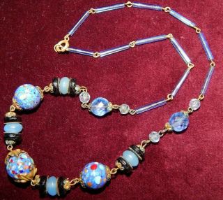 Vintage Art Deco Blue Black Spatter Glass Filigree Brass Necklace Czech 1930 