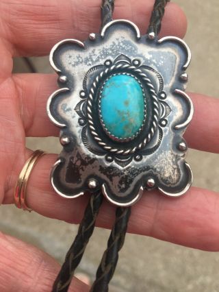 Vintage Native American Silver Bolo Tie With Turquoise By Bennett Pat.  Pend