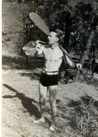1940s Shirtless Buff Man At Lake Camp Bathing Suit Bulge Gay Interest Vtg Photo