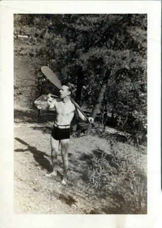 1940s Shirtless Buff Man At Lake Camp Bathing Suit Bulge Gay Interest Vtg Photo 2