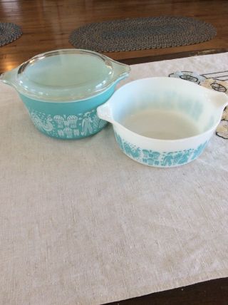 Vintage Pyrex Turquoise Amish Butterprint Covered Casserole 473 472 1 Lid