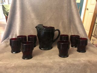 Vintage Anchor Hocking Ruby Pitcher With 8 Drinking Glasses