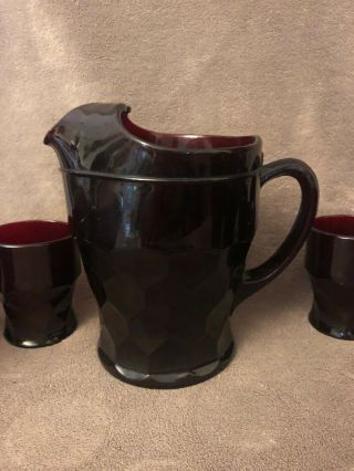 Vintage Anchor Hocking Ruby Pitcher with 8 Drinking Glasses 2