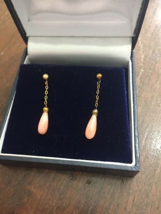 Stunning Vintage 9ct Gold & Pink Coral Drop Earrings