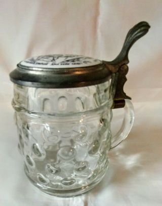 Vintage Rein - Zinn Hobnail Glass Beer Stein With Pewter Lid And Enamel Inlay