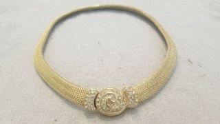 Vintage Christian Dior Collar Necklace Rhinestones Gold Toned Mesh Choker 1/2 " W