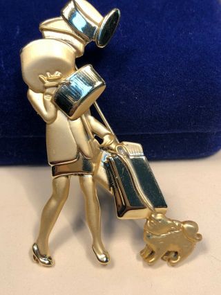 Vintage Ajc Shopping Girl Hat Boxes Bags Little Dog Gold Tone Brooch