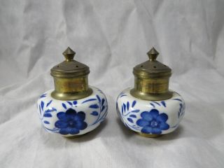 Vintage Blue & White Porcelain Salt & Pepper Shakers Flowers With Brass Inserts