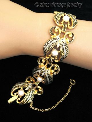Vintage Spanish Damascene Silver Black Enamel Pearl Gold Floral Link Bracelet