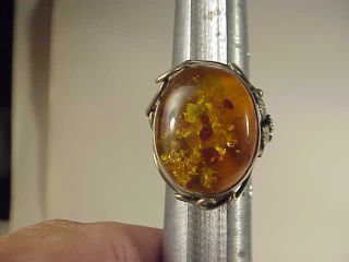 Lovely Vintage Sterling Silver And Amber Ring Size 7 1/4