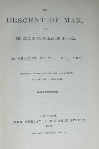 The Descent of Man Charles Darwin 1889 25th Thousand VG, 4
