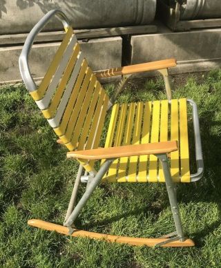 Vtg Rocking Chair Aluminum Folding Rocker Lawn Patio Camp Webbing Tubing Yellow