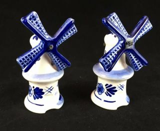 Vintage Blue Delft Holland Hand - Painted Porcelain Windmill Salt & Pepper Shakers