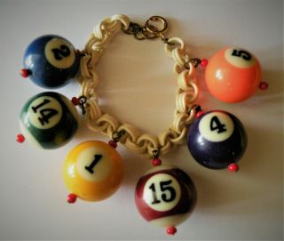 Vintage Celluloid Chain Mini Pool Ball Charm Bracelet