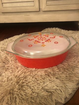 Vintage Pyrex Red Oval Casserole Dish With Lid Birds