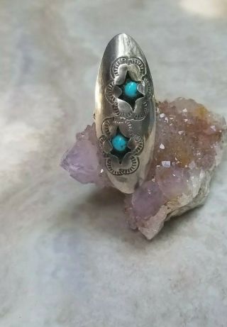 Vintage Old Pawn Navajo Sterling Turquoise Hand Stamped Shadowbox Ring Large 7