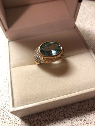 Vintage Oval Blue Green Crystal W/pave Cubic Zirconia Gold Over Silver Ring 6.  5