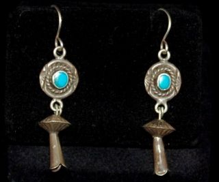 Vintage Navajo Turquoise Squash Blossom Earrings Pierced Wires Stamped Bench