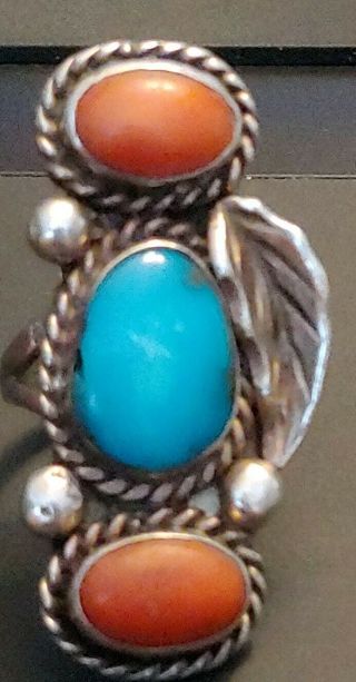 Vintage Navajo Native Sterling Silver Red Coral & Turquoise Cabochon Ring Sz 5 M