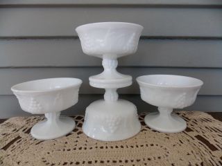Set Of 4 Vintage White Milk Glass Pedestal Grape Pattern Dessert Cups Dishes