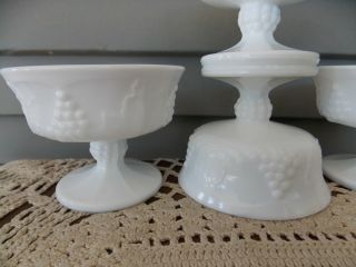 Set of 4 Vintage White Milk Glass Pedestal Grape Pattern Dessert Cups Dishes 3