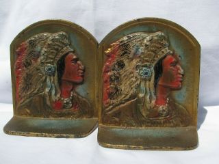 Vintage Brass Native American Styled Indian Chief Headdress Painted Book Ends/nr