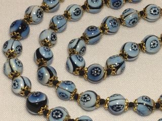 Vintage Blue White Gold Millefiori Italian Glass Hand Tied Beaded Necklace 24”