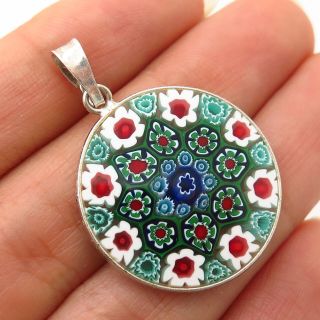 925 Sterling Silver Vintage Italy Floral Millefiori Glass Pendant
