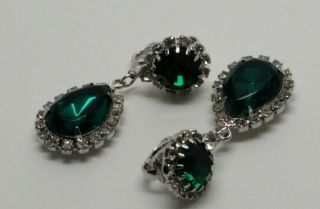 Vintage Faux Emerald & Rhinestone Large Dangle Earrings Clip - On 1 3/4 " X 3/4 "