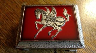 Vtg Occupied Japan Silver Plate Metal Red Enamel Pegasus Horse Cigarette Box